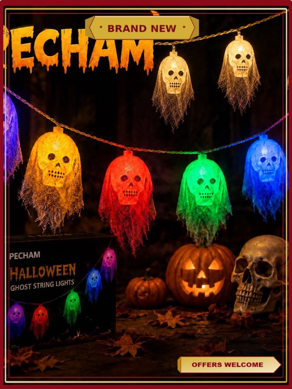 Halloween Skeleton Lights 10FT Waterproof Skull String Lights 20 LEDs 8